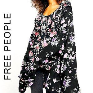 FREE PEOPLE LORETTA DARK COMBO FLORAL PRINT BOHO TUNIC - SIZE SMALL - BLACK-PINK